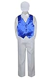 5pc Baby Toddler Kid Boys White Pants Hat Bow Tie Royal Blue Vest Suits Set (4T)