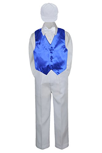 5Pc Baby Toddler Kid Boys White Pants Hat Bow Tie Royal Blue Vest Suits Set (4T) #TOP12