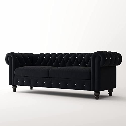 Image of Dime Store Wooden Chesterfield Sofa 3 Seater with Button Tufted Design Solid Wood Frame Upholstered Couch with Rolled Arms | Luxury Living Room Sofa for Home, Office, Lounge & Reception (Black)