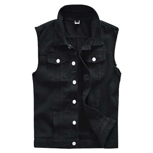 Men's Black Denim Biker Vest Sleeveless Jean Jacket Casual Button Stretch Distressed Jean Vest