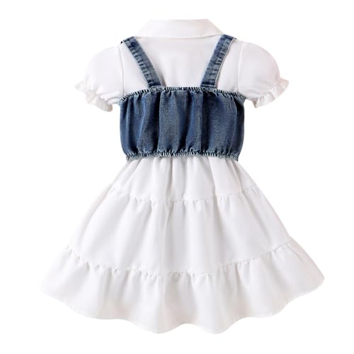 Girl's Sundresses Summer Lapel Short Sleeve Solid Color Shirt Dress with Denim Vest2