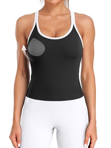 Image of ATTRACO Ribflex Ribbed Workout Crop Tops with Built in Bra for Women Yoga Racerback Tank Top Slim Fit