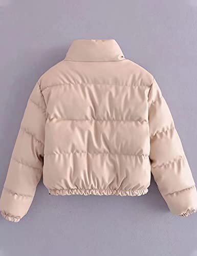 Flygo Women's Faux Leather Puffer Jacket Zip Up Padded Winter Bubble Coat Down Jacket(Beige-L) #TOP5