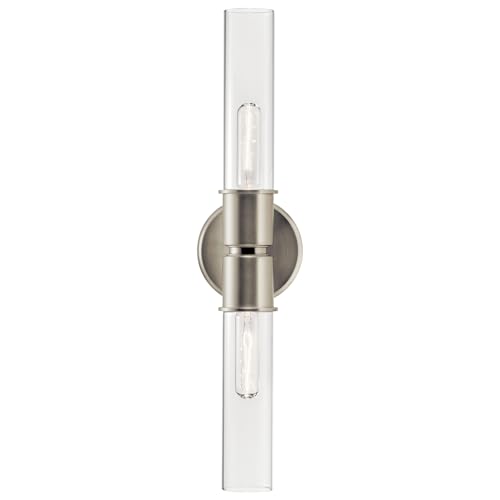 Image of Kichler Aviv 2-Light Wall Sconce, Modern Light with Clear Glass in Brushed Nickel, for Bedroom, Laundry Room, Kitchen or Hallway (24 inch x 5.5 inch), 52654NI