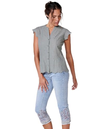 Koroshi Camisa de Manga Corta, Cuello Mao, Bordado Floral y Perforado, con Cierre de Botones Delantero en Color Kaki, de Color Kaki, Talla XS
