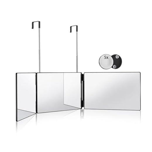 HIEEY 3 Way Mirror for Hair Cutting,360 Trifold Mirror with Height Adjustable Telescoping Hooks,and 5X Magnification Mirror,for Makeup, Hair Styling