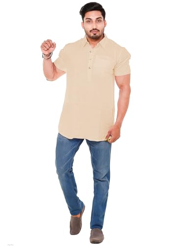 Image of Mens Cotton Linen Half Sleeve Plus Size Short Kurta