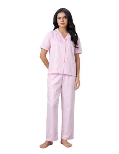 Image of Symbol Premium Women's Cotton Night Suit Set | Short Sleeve Shirt & Pajama Set | Stripes with Contrast Piping | Regular Fit (Available in Plus Sizes)