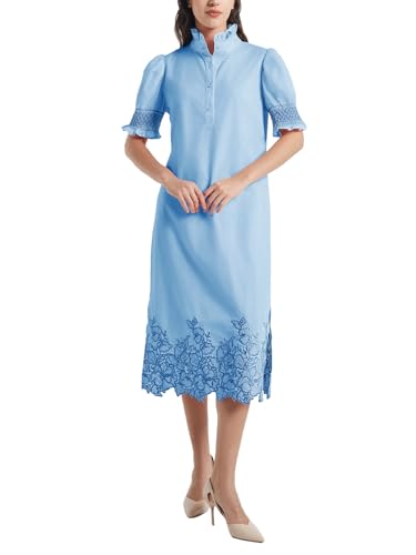 Image of Women's Summer Embroidered Midi Dress 2026 Button Down Short Sleeve Floral Shirt Dress