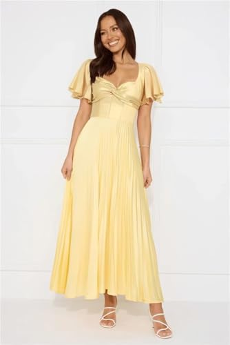 Pleated Satin Bridesmaid Dresses with Short Sleeves Backless Maxi Formal Evening Dress Hi0323