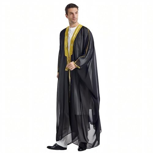 Musuly Herren Kaftan – Traditionelle Thobe Abaya Djellaba (Schwarz und Gelbgold, XL)
