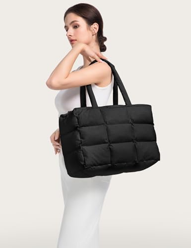 Puffer Tote Bag with Laptop Compartment, Quilted Shoulder Bag for Work Gym, Puffy Travel Carry On Tote with Zipper4