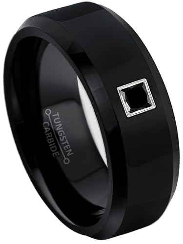 Beveled Black Mens Tungsten Carbide Wedding Band with 0.05ctw - 0.10ctw Princess Cut Black Diamond - Comfort Fit Tungsten Anniversary Ring