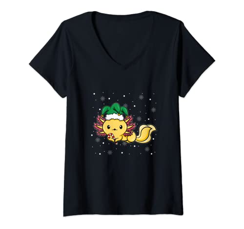 Mujer Lindo Axolotl Santa Hat Anime Elfo Navidad Camiseta Cuello V