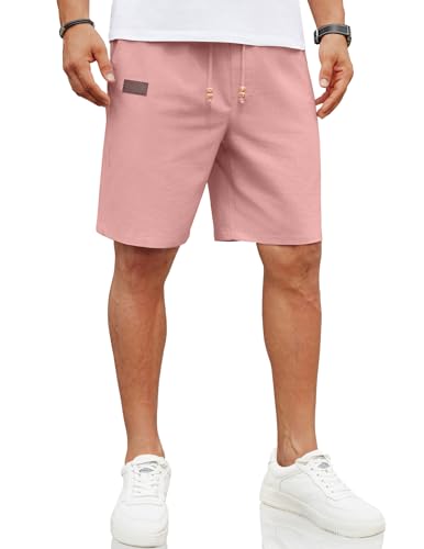 Image of COOFANDY Mens Casual Linen Shorts Elastic Waist Drawstring Loose Fit Summer Beach Vacation Shorts with Pockets