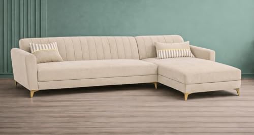 Image of Adorn India Premium Luster 6 Seater L Shape Sofa Set | Velvet Suede Fabric | 3-Year Warranty | RHS |Color Cream with Golden Legs & Striped Pattern Cushion