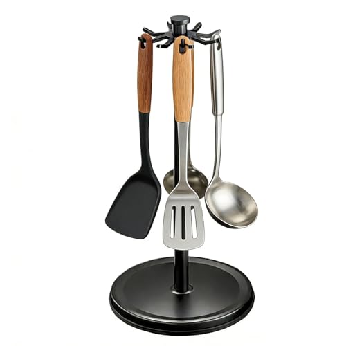 aufbewahrung mit 8 Haken | Drehbarer Pfannenwender-Ständer | Silikon-Halter 360° für Rührstäbe und Löffel | Ideal für Zuhause, Restaurant und Schreibtisch