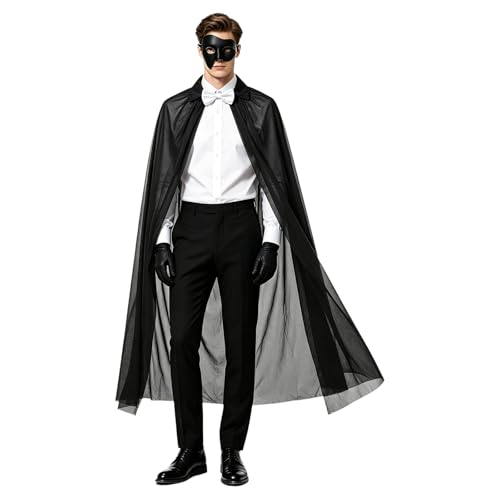 Hularka 4 Pcs Black Magician Set Half Face Mask Bowtie Cape and Gloves Gothic Fashion for Cosplay Party Black One Size