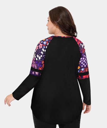 Image of CARCOS Plus Size Tops for Women Long Sleeve Fall Tunic Color Block Camo /Plaid /Leopard /Fall Blouse Crewneck Tshirt XL-5XL