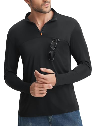 baleaf Men's Long Sleeve Sun Shirts with Pocket 1/4 Zip Hiking Running Quick Dry Lightweight Rash Guard UV Outdoor Shirt Black 2XL