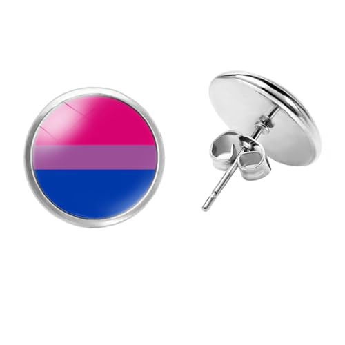 Unisex Alloy 12mm Simple Round Cool Colorful Stripes Rainbow Flag LGBT Gay Pride Gemstone Ear Stud Earring