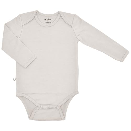 Woolino 100% Superfine Merino Wool Baby Bodysuit - Long Sleeve Onesies for Boy and Girl - 6-12 Months - Oat