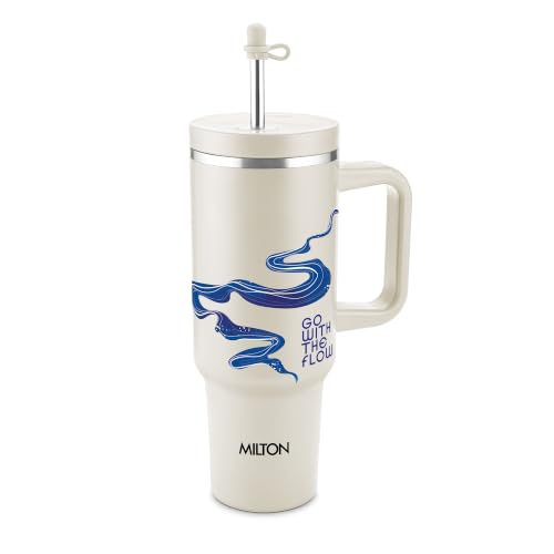 Image of MILTON My Tumbler Studio 1200 Thermosteel Double Wall Vacuum Insulated SS Tumbler with Handle 1100ml, Leak Proof Travel Mug, Straw, Silicon Cap Cleaning Brush, Hot & Cold Beverage Flask, Ivory Flow