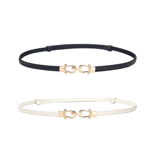 XFSRG 2 Piezas Cinturón de Cuero Fino para Mujer Elegantes Moda con Bloqueo Giratorio Decoración de Piel para Vaqueros y Vestidos(Negro y blanco)