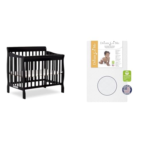 Image of Dream On Me Aden 4-in-1 Convertible Mini Crib in Black, Greenguard Gold Certified, Non-Toxic Finish & Sunset 3” Extra Firm Fiber Crib Mattress, Greenguard Gold Certified