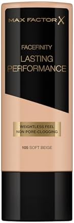 Max Factor Long Lasting Performance Liquid Natural Foundation, No.105 Soft Beige, 1.1 Ounce Natural Finish