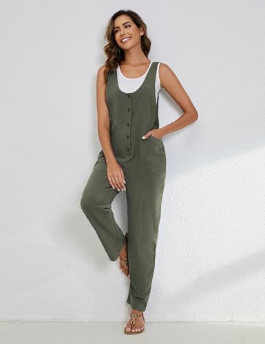 Image of Yeokou Womens Overalls Linen Cotton Jumpsuits Loose Casual Jumpers with Pockets