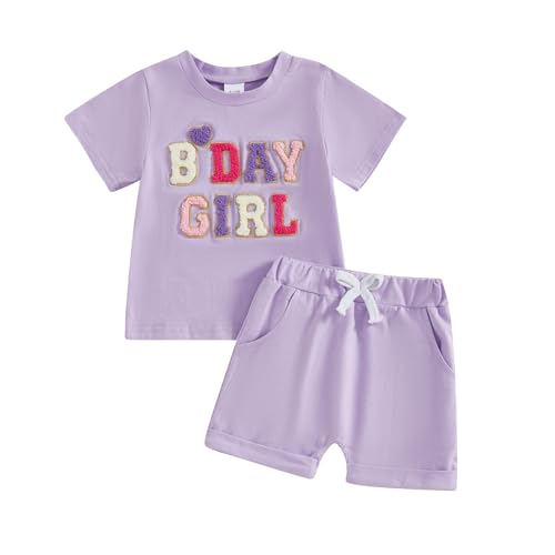 Gaono Toddler Baby Girl Birthday Outfit Letter Embroidery Short Sleeves T-Shirt Shorts Set Birthday Party Girl Clothes (Purple, 12-18 Months)