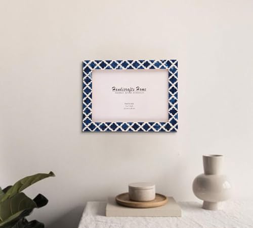 Image of Handicrafts Home Blue & White Vintage Photo Frames for Wall or Tabletop Display, 5x7 Picture Frame Set of 2,Boho Farmhouse Gallery Wall Frame Set, Artisan Handmade Home Decor, Handmade Moroccan Frame