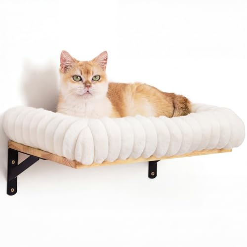 FUKUMARU Cat Wall Shelves Cat Walls Furniture with Soft Bed Solid Rubber Wood Floating Shelf Kitten Window Perch for Sleeping Playing and Scratching
