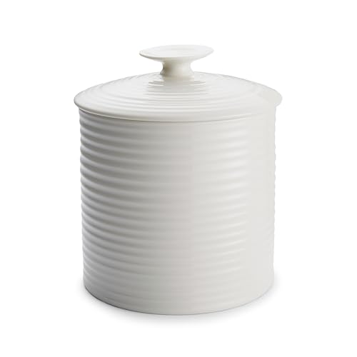 Portmeirion x Sophie Conran Large Porcelain Storage Jar with Lid and Integrated Handle - Signature Ripple Exterior, Stylish and Durable White Cookie Jar, 19.5cm