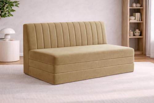 Image of Rosebell -3 Seater Armless Sofa Cum Bed with Backrest | Soft Velvet Fabric Finish | Modern Living Room & Bedroom -Golden-Color