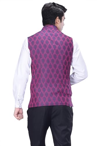 Image of KISAH Men's Nehru Jacket, Magenta Silk Blend, Jacquard Regular Fit Mandarin Collar Long Sleeves (38)