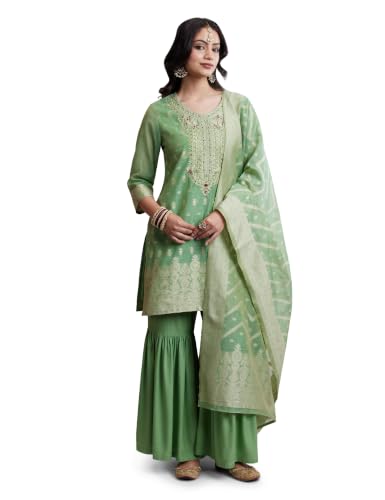 Image of Amazon Brand - Myx Women's Jaquard Embroidered Kurta And Sharara Set With Dupatta | Sharara Suit Set (Available In Plus Sizes)