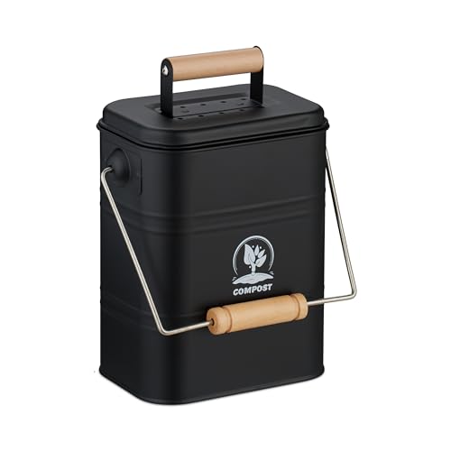 Relaxdays Seau à Compost, 3,5 litres, 2 filtres à Charbon Actif, Couvercle, Anse, pour la Cuisine, Noir