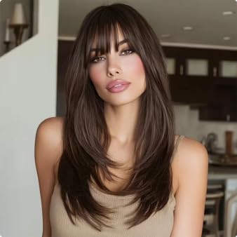 NOSTALGIA Brown Wigs with Bangs Layered Wavy Replacement Hair for Women - image 1