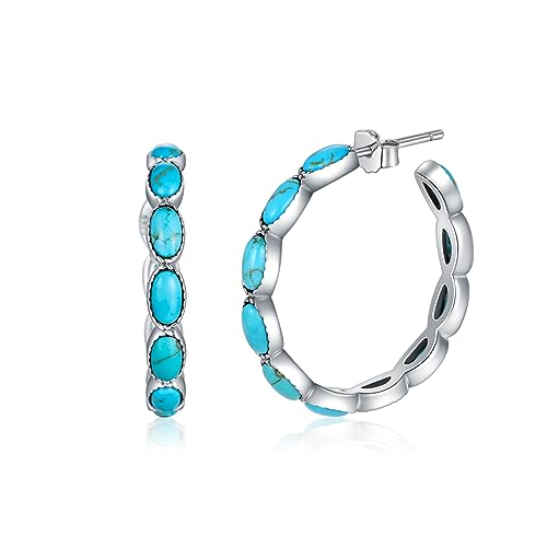 Turquoise Hoop Earrings 925 Sterling Silver Western Vintage Genuine Blue Turquoise Boho Ethnic Jewelry Gift for Women