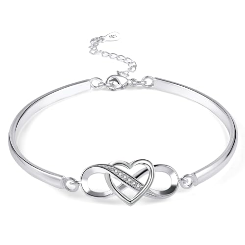 ASH'S CHOICE Pulsera Mujer Plata de Corazón Infinito, Ajustable Pulsera Ancha...