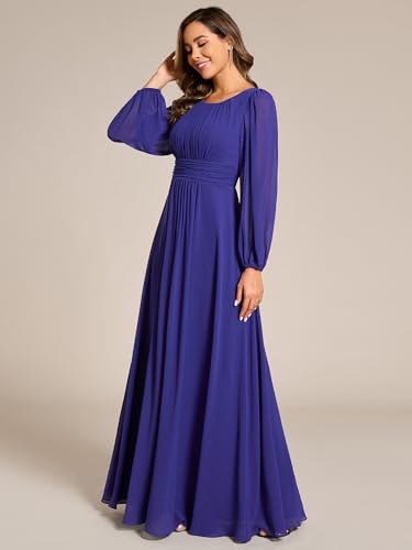 Image of Ever-Pretty Women's Crewneck Long Lantern Sleeves Floor Length A-Line Pleated Chiffon Formal Dress 0106B