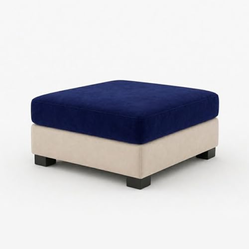 Image of FURNY Haster 3 Seater + 2 Seater Fabric Sofa Set with 1 Ottoman (Dark Blue-Cream) with Velvet Finish | Durable Comfort | Ideal for Living Room
