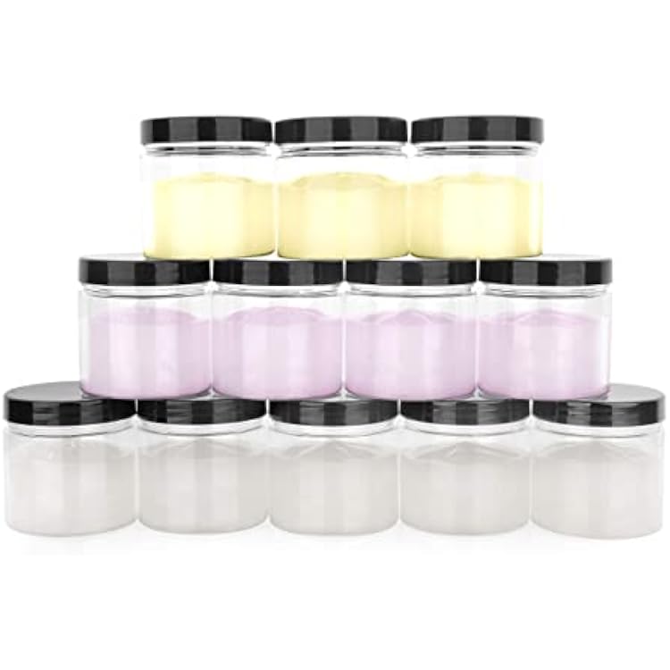Healthy Packers Small Plastic Jars with Lids 4 oz, 12-Pack - Clear Plastic Jars with Screw-On Tops for Slime, Crafts, Body Butter, Sugar Scrubs, Cosmetic Storage, Small Containers with Lids (Black)