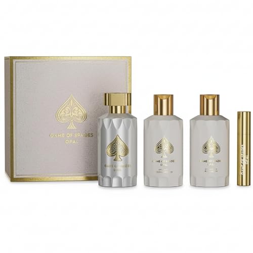 Jo Milano Game Of Spades Opal 4-Piece Gift Set - 3.4 oz Parfum Spray, 6.8 oz Body Cleanser, 6.8 oz Body Cream, 0.27 oz Refillable Atomizer - Long Lasting Fragrance for Men and Women (Unisex)