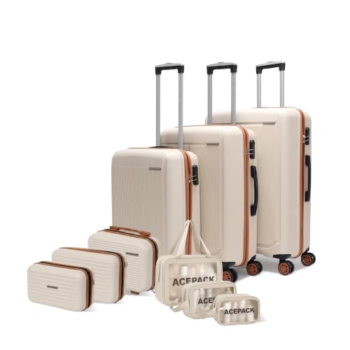 Image of ACEPACK by Verage Megatron Pro Luggage Set of 3 (20, 24 & 28 Inch) | PP Hard Shell Travel Suitcase Set with 8 Spinner Wheels, Number Lock & Telescopic Handle | Butterscotch (Set of 9)