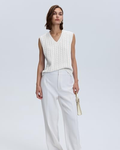Locachy Women'S Vintage Loose V Neck Sleeveless Cable Knit Preppy Style Pullover Sweater Vest White -M thumb #4