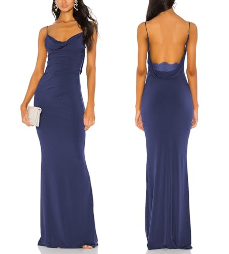 Image of Aigeman Women Spaghetti Straps Mermaid Evening Gown Wedding Guest Dress Drape Neck Lace Backless Formal Maxi Dress 21