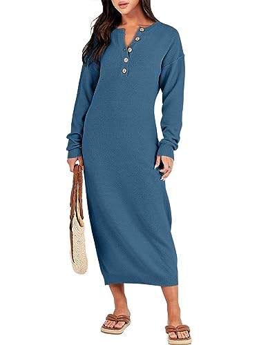Image of ANRABESS Women Long Sleeve Button V Neck Oversized Casual Loose Fit Waffle Knit Fall Midi Sweater Dress 2026 Trendy Outfits